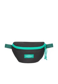 Borsetta in tessuto nero con zip turchese, caratterizzata da un'etichetta con logo e manico a righe. Forma arrotondata con dettaglio del cordino regolabile.