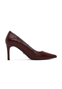Escarpins en cuir bordeaux à talon haut avec un bout pointu et un design épuré. Présente un talon aiguille fin et une texture lisse. Silhouette simple et élégante.