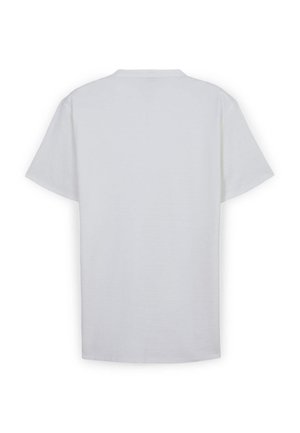 T-shirt bianco a maniche corte con colletto tondo, caratterizzato da un tessuto leggermente testurizzato e un design semplice e privo di adornamenti sul retro.