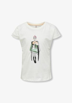 Witte katoenen t-shirt met korte mouwen, voorzien van een geborduurd ontwerp van een figuur in een gestreepte jurk met kleurrijke accenten en een oversized kraag.