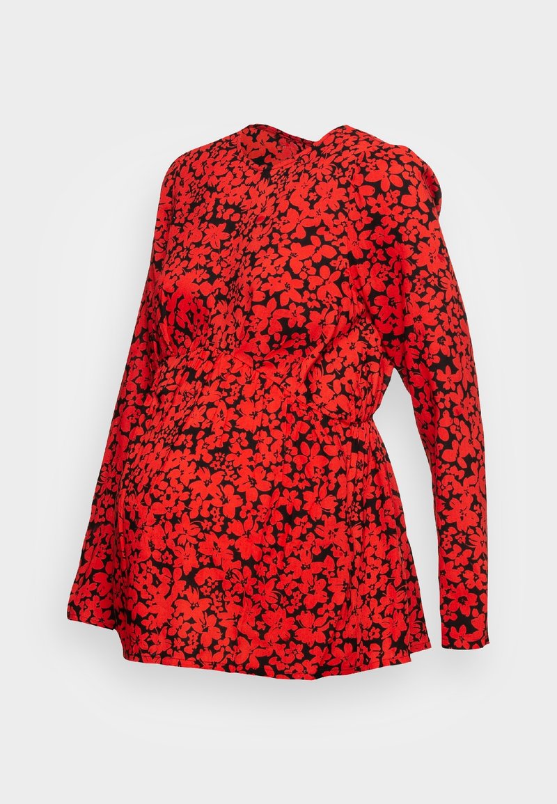Blouse de maternité rouge et noire à fleurs, à manches longues et taille froncée, conçue pour les femmes enceintes.