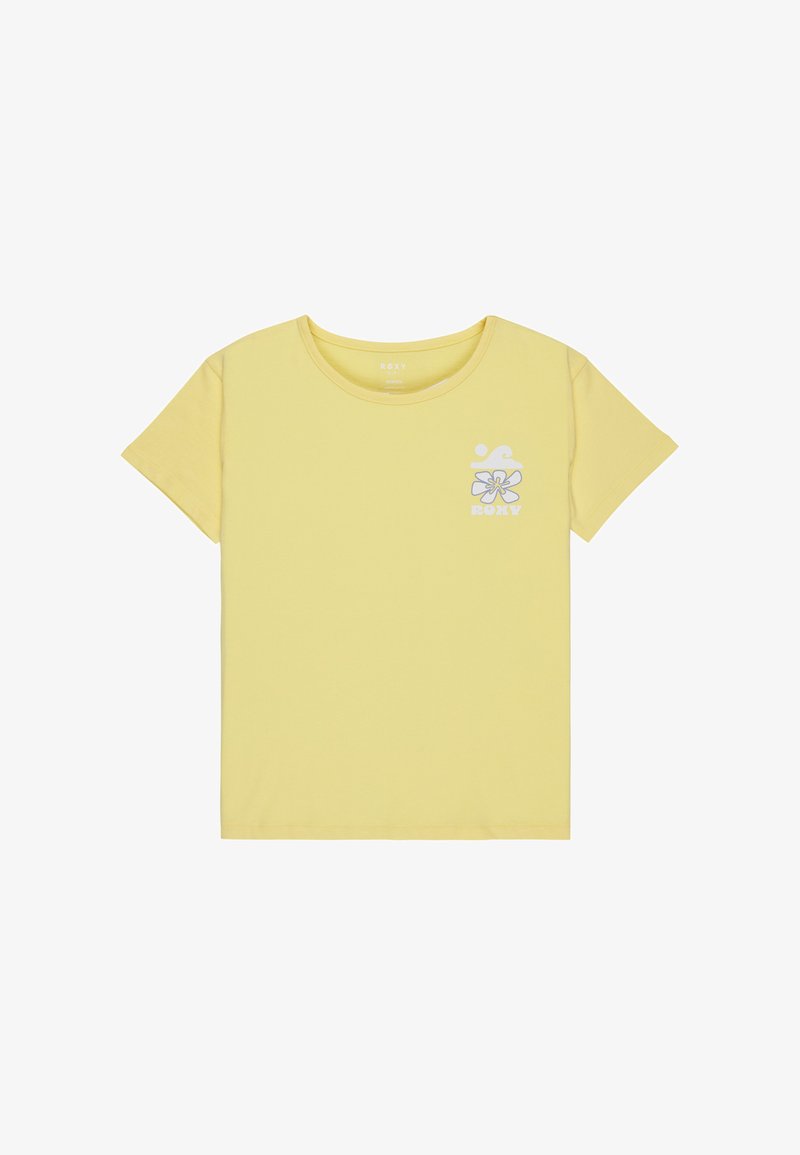 Žluté bavlněné tričko s kulatým výstřihem, krátkými rukávy a květinovým potiskem na levé části hrudi, který obsahuje název značky "Roxy."