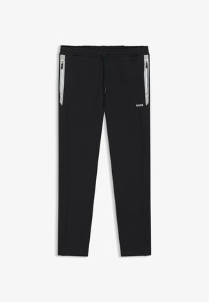 Zwarte slim-fit sweatpants met trekkoord in de taille, ritssluiting zijzakken met witte streepaccenten en klein "BOSS"-logo op de rechterdij.