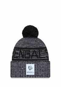 Strickmütze in Schwarz und Grau mit einem Pompon oben, ausgestattet mit einem "BENGALS"-Bündchen und einem bestickten Logoschild mit der Aufschrift "CINCINNATI BENGALS."