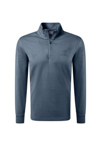 Pullover da uomo a maniche lunghe di colore blu scuro, presenta un colletto alto con zip a un quarto, realizzato in morbido tessuto con una texture liscia, design semplice.
