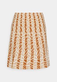 Jupe en coton avec des rayures verticales présentant un motif zébré orange et beige. Design plissé avec une taille élastique.