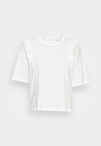 Bílý krátký rukáv tričko vyrobené z bavlny, s řasenými akcenty na ramenech a kulatým výstřihem. Hladká textura, uvolněný střih.