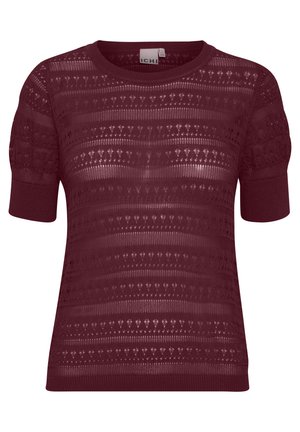 Burgundy kortärmad stickad tröja med ett strukturerat mönster av horisontella ränder och små diamantsk Shapes. Rund halsringning och åtsittande ärmar.