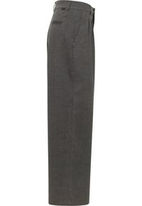 Men’s gray dress pants with a subtle textured pattern, side pocket, and back welt pocket viewed from the side.