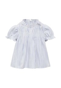 Blusa per bambini a righe blu chiaro e bianche con maniche corte a sbuffo e colletto arricciato, con arricciature in vita.