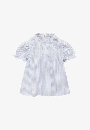 Bluză pentru copii, în dungi albastre deschise și albe, cu mâneci scurte bufante și guler volanat, având broderie la talie.