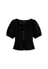 Zwarte peplumtop met korte pofmouwen, vierkante halslijn, knoopsluiting aan de voorkant en textuurstof. Bevat vijf ronde bruine knopen.
