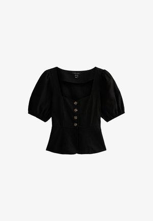 Top peplum nero con maniche corte a sbuffo, scollo quadrato, chiusura frontale con bottoni e tessuto testurizzato. Presenta cinque bottoni circolari marroni.
