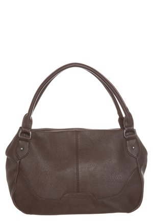 Hnědá kožená kabelka s texturovaným povrchem, dvojitými kulatými držadly a jemnými stehy. Má měkký, volný tvar.