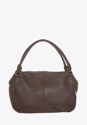 Bolso de mano de cuero marrón con superficie texturizada, asas redondeadas dobles y detalles sutiles de costura. Presenta un diseño blando y caído.