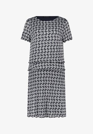 Robe bleu marine à manches courtes avec motif circulaire abstrait blanc et détails subtils de volants superposés à la taille et à l'ourlet.