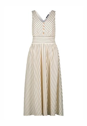 Robe rayée en crème avec des lignes verticales bleu marine, décolleté en V, sans manches et taille cintrée. Comprend cinq boutons sur le devant.