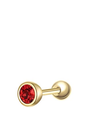 Orecchino a perno a bilanciere in oro con una pietra preziosa rotonda e sfaccettata incastonata a una estremità e un retro liscio in oro all'altra.