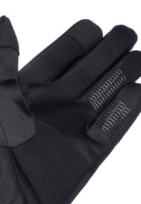Zwarte handschoenen gemaakt van stof en synthetische materialen. Kenmerken zijn een gestructureerde grip, gestikte accenten en een aangesloten ontwerp voor handen.