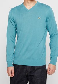 Man som bär en ljusblå V-ringad tröja med en liten krokodil-logga på bröstet och mörk denimjeans, står med avslappnade armar.