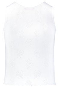 Weißes, gestricktes Tanktop mit einem dezenten Muster aus kleinen Blumenmotiven. Die Ränder sind verzweigt, und die Textur ist glatt und leicht.