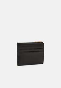 Black leather wallet with a textured surface, featuring a zippered compartment and multiple card slots on one side. Gold hardware accents.