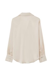 Beige silk blouse with a collared neckline, long sleeves, and buttoned cuffs. The fabric has a smooth, glossy finish.