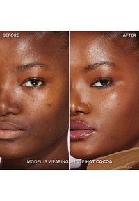 Before-and-after split image showing skin tone improvement. Left: skin with spots and uneven texture. Right: smooth skin with glossy lips, shade "Hot Cocoa."