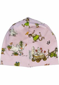 Rosa bomullsbeanie med lekfulla illustrationer av katter, höns och växter. Slät textur med en tät passform och rundad topp.