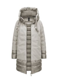 Gepolsterter langer Mantel in hellbeige, mit einem gesteppten Design im unteren Bereich, verstellbare Kapuze und Reißverschluss vorne. Glatte Textur.