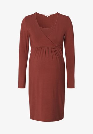 Zwangerschapsjurk in roestrood, met lange mouwen, wikkeldesign, gerimpelde taille en zachte, rekbare stof voor comfort.