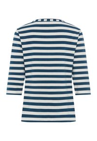 Blau-weiße horizontal gestreifte Langarmbluse mit rundem Halsausschnitt, von hinten gezeigt.