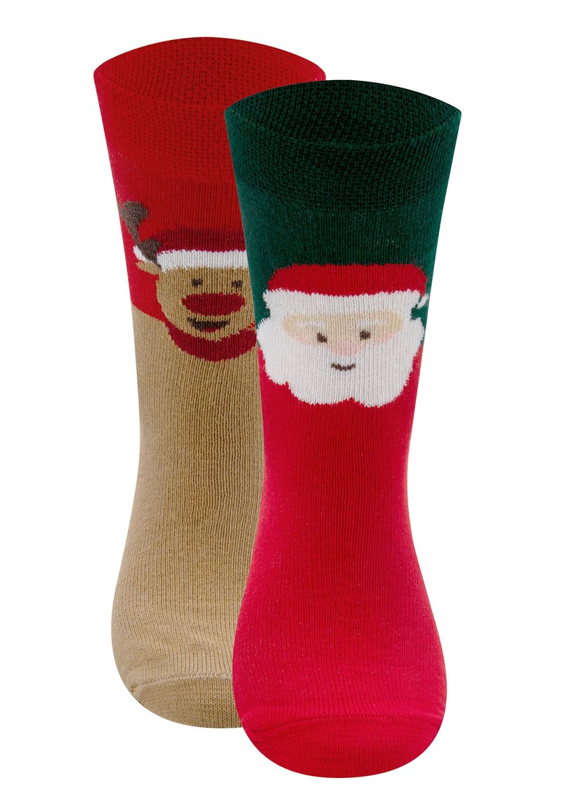 Red and green socks featuring a Santa face on one and a reindeer design on the other, made from knitted fabric with a smooth texture.
