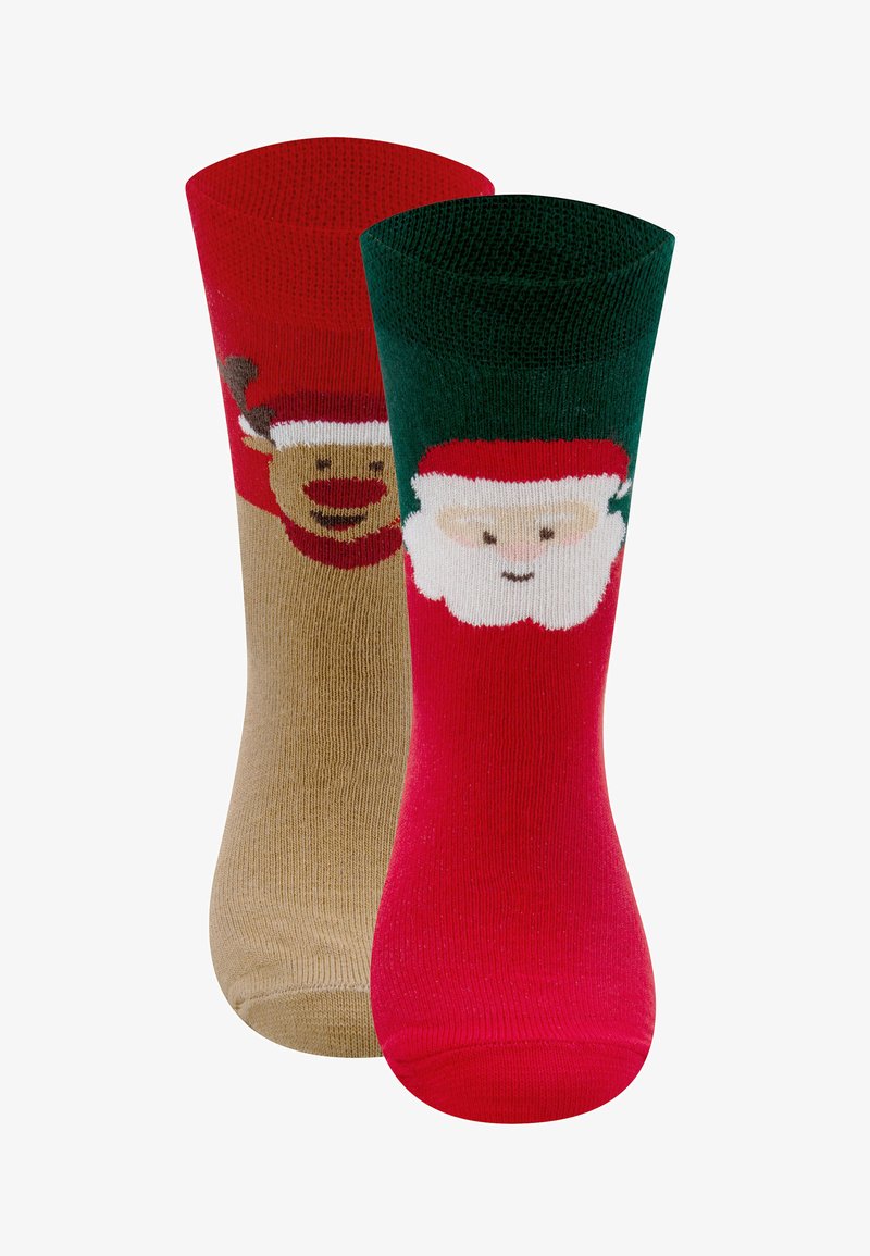 Red and green socks featuring a Santa face on one and a reindeer design on the other, made from knitted fabric with a smooth texture.