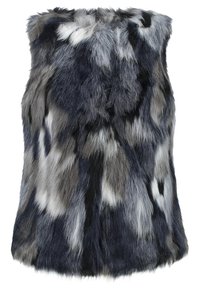 Faux fur väst i mörk marinblå, grå och vit. Har en mjuk, texturerad yta med varierande pälslängder och en hög krage. Ingen stängning.