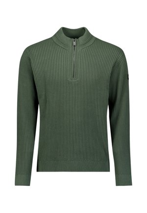 Groene geribde pullover trui met een halflange rits kraag, met lange mouwen en een aansluitende pasvorm. Geverfde stof biedt warmte.