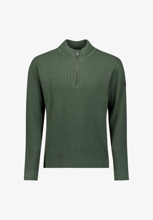 Groene geribde pullover trui met een halflange rits kraag, met lange mouwen en een aansluitende pasvorm. Geverfde stof biedt warmte.