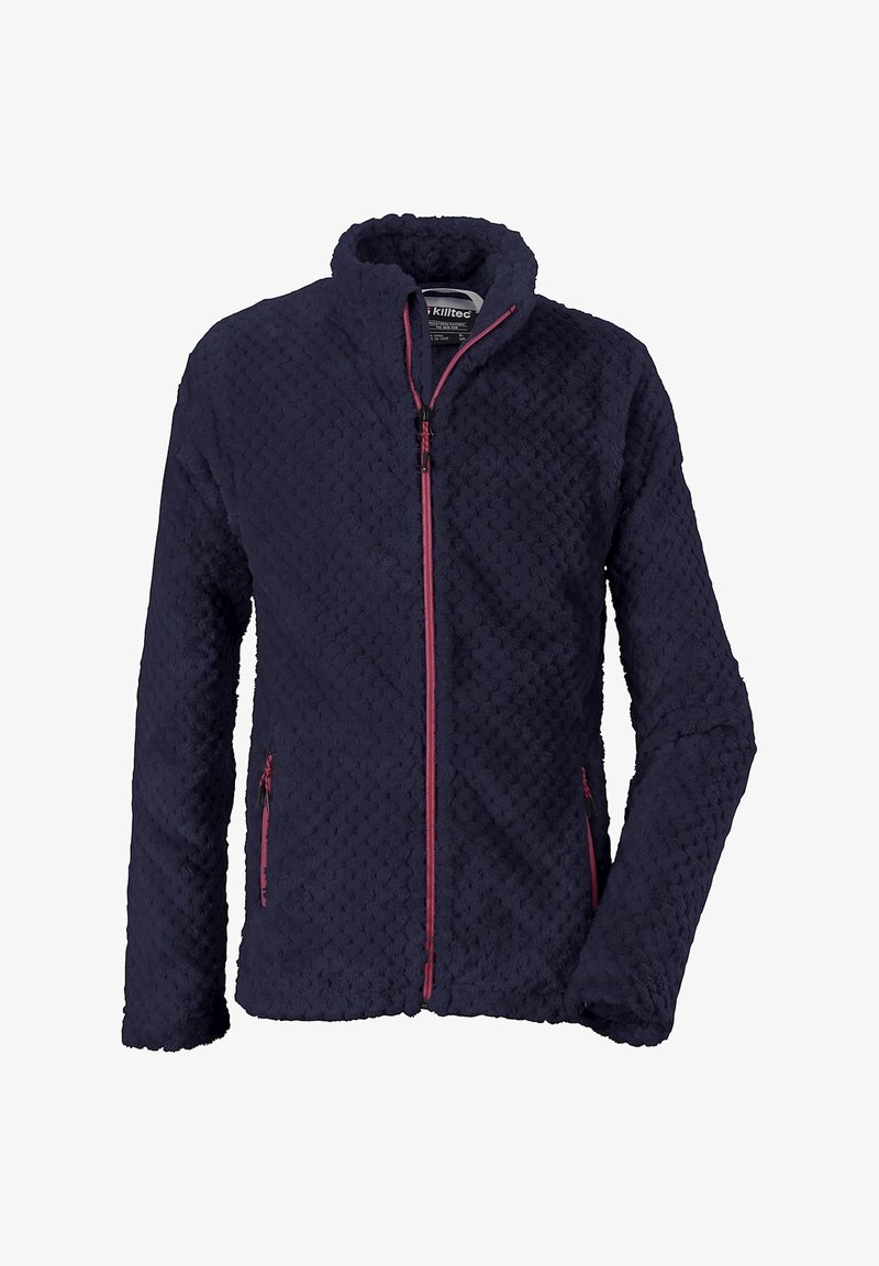 Marinblå fleecejacka med ett texturerat mönster, hel dragkedja och en kontrasterande rosa dragkedja. Har två sidofickor och en ståkrage.