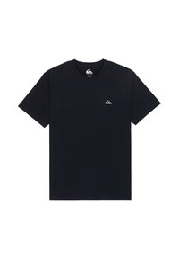 Camiseta de algodón negra con mangas cortas, cuello redondo y dobladillo cosido. Presenta un pequeño logo en el lado izquierdo del pecho. Textura suave.