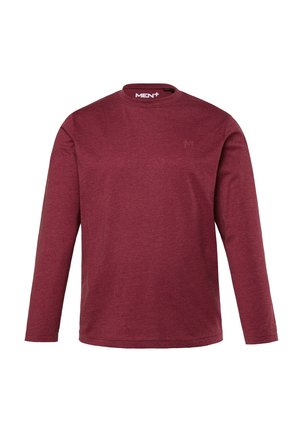 Bordeaux lange mouwen shirt, ronde halslijn, gemaakt van zachte stof, heeft een subtiele logo en heeft een relaxed fit. Geen opvallende patronen of texturen.