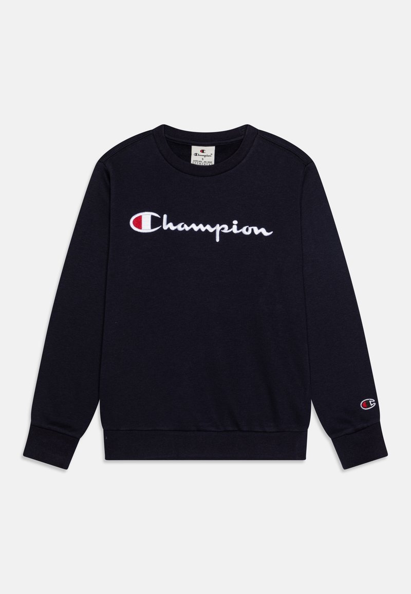Sweat-shirt noir à manches longues et col rond avec le logo "Champion" en blanc et rouge brodé sur la poitrine et un petit logo sur le poignet de la manche gauche.
