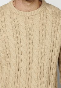 Pull beige à torsades en laine texturée, doté d'un col rond, de motifs à grosses tresses et de parties en tricot ajouré sur l'ensemble.