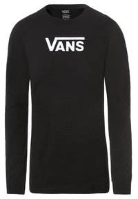 Schwarz langärmliges T-Shirt aus Baumwolle mit großem weißen "VANS"-Logo auf der Vorderseite, Rundhalsausschnitt und normaler Passform.