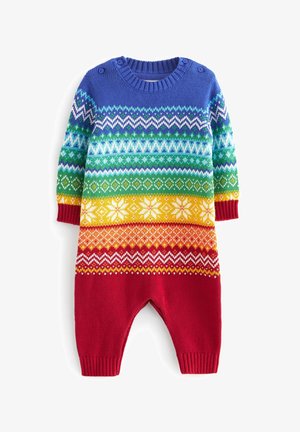 Combinaison bébé tricotée multicolore avec rayures arc-en-ciel, motifs géométriques et flocons de neige, poignets côtelés et fermetures à boutons aux épaules.