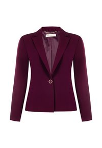 Einrittjacke für Damen in tiefem Lila mit Revers, langen Ärmeln, gefüttertem Innenbereich und taillierter Passform.