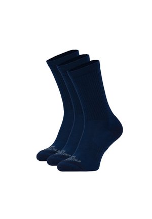 Marineblaue Crew-Socken im Rippdesign, aus weichem Material gefertigt. Drei Paare werden präsentiert, mit Logos an den Bündchen.