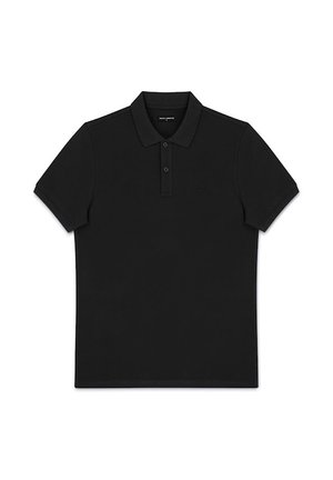 Czarna koszulka polo z krótkim rękawem, kołnierzykiem i dwoma przednimi guzikami, wyłożona płasko na białym tle.