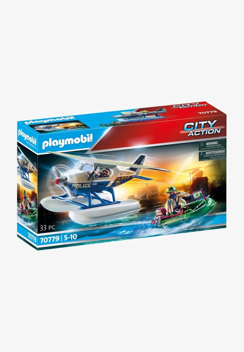 Das Playmobil-Polizeiseaplane-Set verfügt über ein blau-weißes Flugzeug mit einem Propeller und zwei Schwimmern, beinhaltet Polizeifiguren und ein grünes Boot.