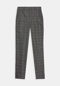 Pantalons à carreaux gris avec une coupe ajustée, présentant un motif à petits carreaux, une taille plate et des poches latérales. Le matériau semble lisse et bien structuré.