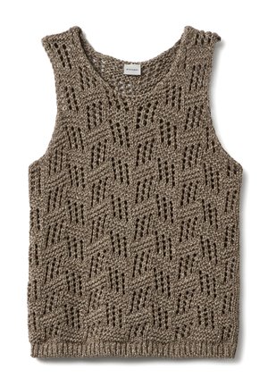 Top marrone lavorato a maglia con un motivo geometrico testurizzato, caratterizzato da uno scollo ampio e design senza maniche, realizzato in un materiale leggero.